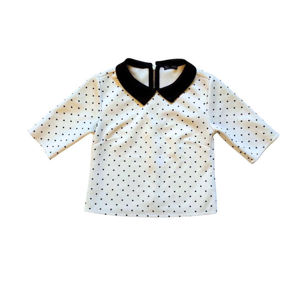 Zara Polka Dot Blouse White Black Peter Pan Collar Retro Mod Top